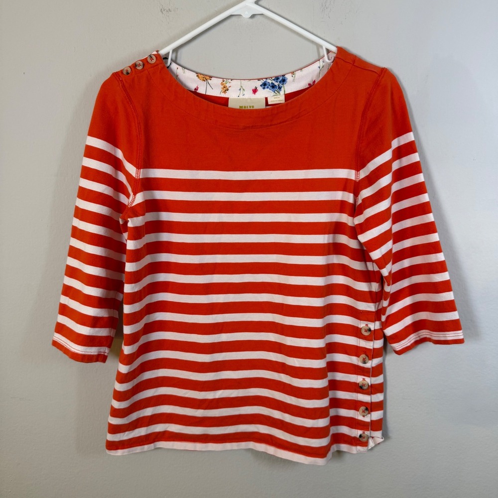 Maeve Anthropologie Orange White Striped Boat Neck Button Side Top Medium 3/4